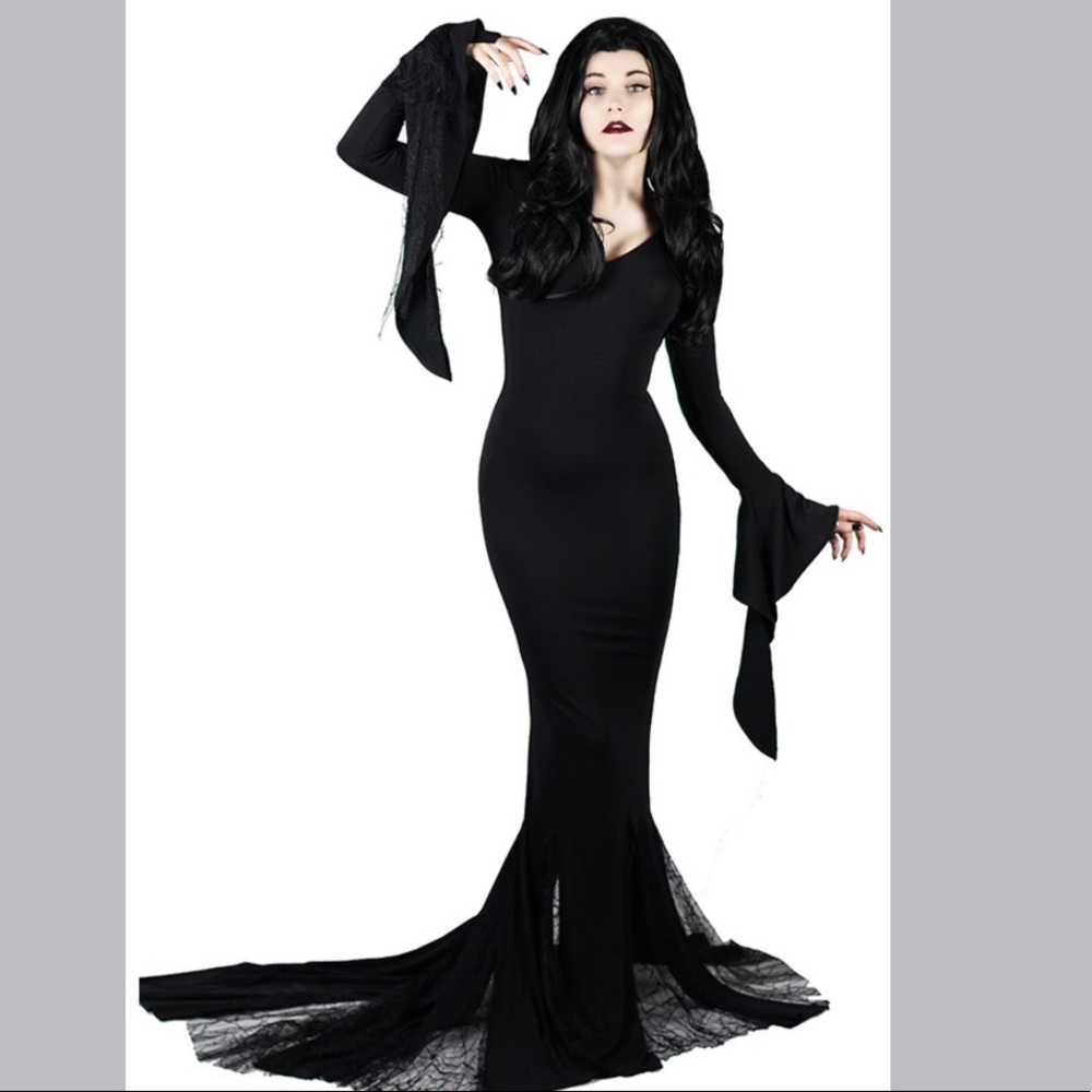 Mortician Addams dress spiderwebs lace long black cosplay costume